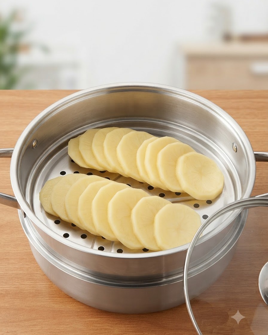Dicke Kartoffelscheiben ordentlich in einem Dämpfeinsatz aus Edelstahl angeordnet.