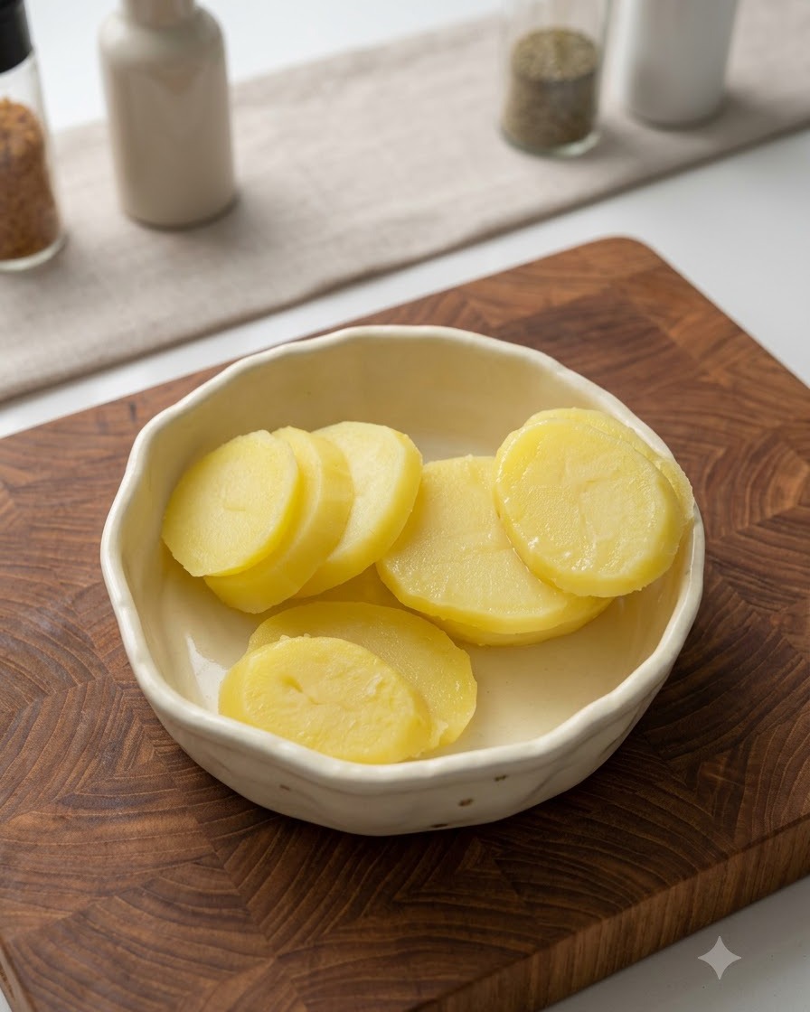 Gedämpfte Kartoffelscheiben in einer Keramikschüssel werden mit einem grünen Kartoffelstampfer zerdrückt.