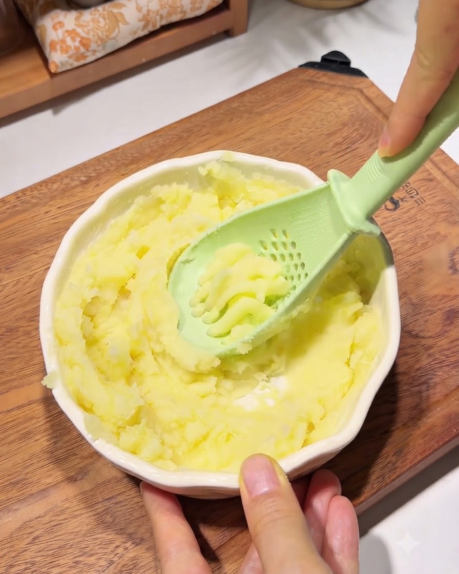 Stärkepulver wird mit Besteck unter die Kartoffelmasse in einer Schüssel gemischt.