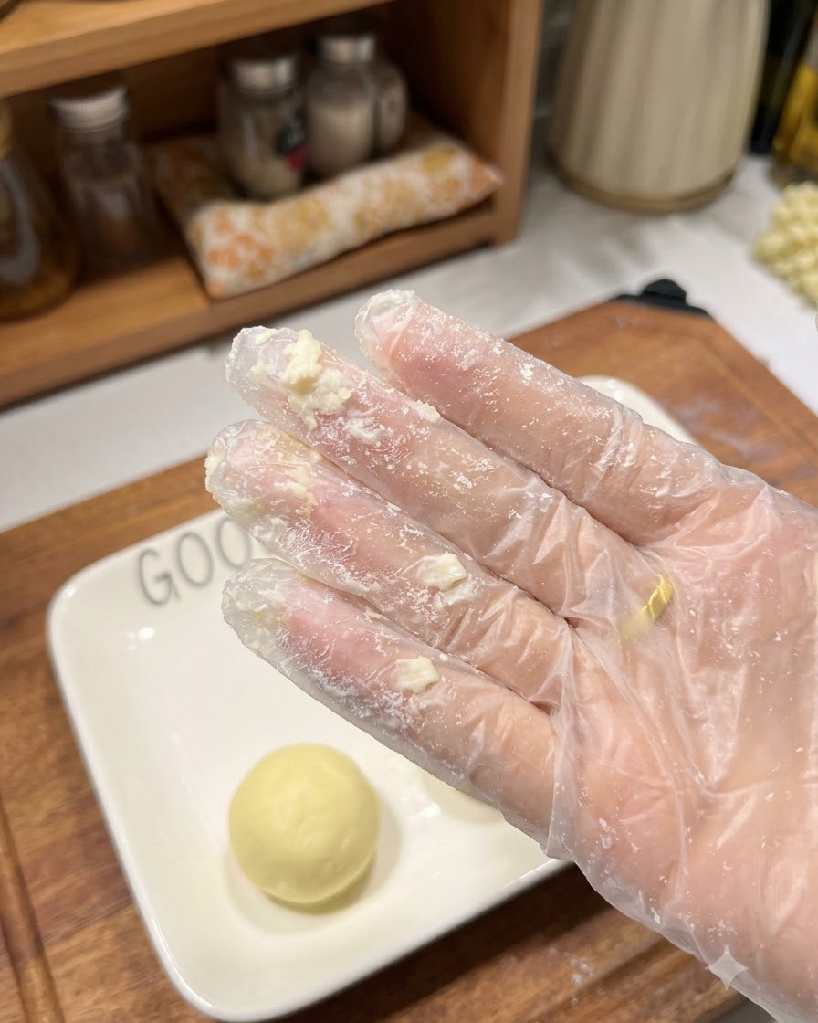 Eine kleine, gleichmäßige Teigkugel liegt auf einem quadratischen weißen Teller neben einer behaubten Hand mit Stärke.