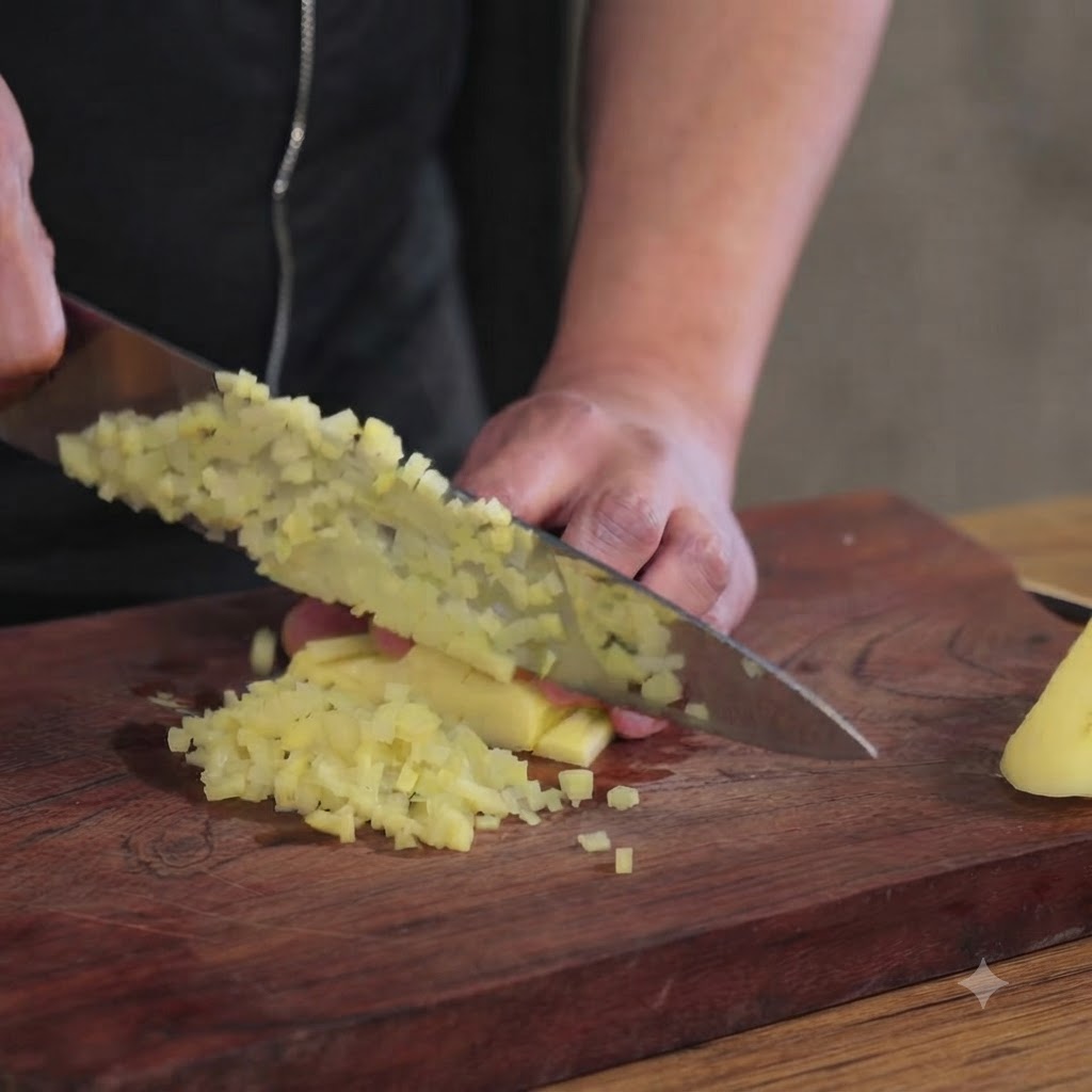 Ein Küchenmesser schneidet geschälte Kartoffeln auf einem Holzbrett in kleine Würfel.