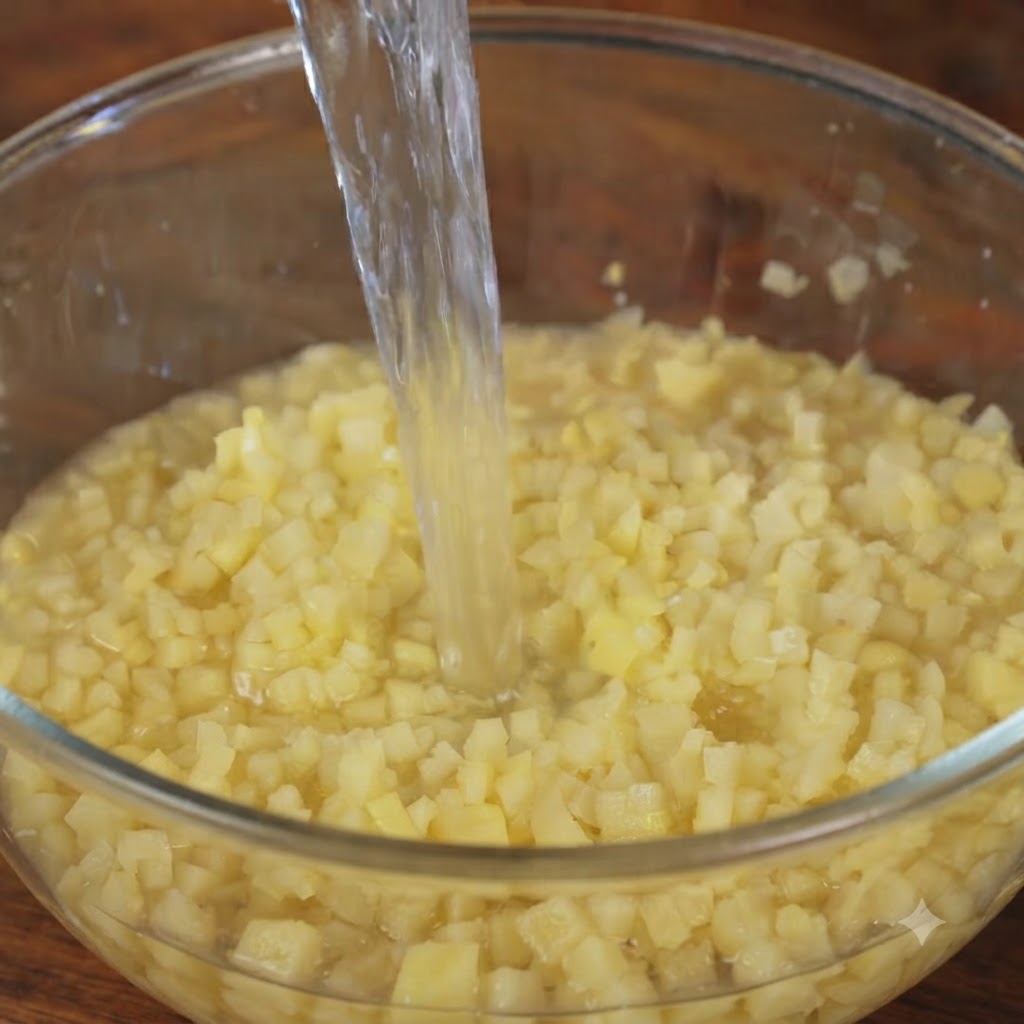 Wasser wird in eine Schüssel mit gewürfelten Kartoffeln zum Abspülen gegossen.