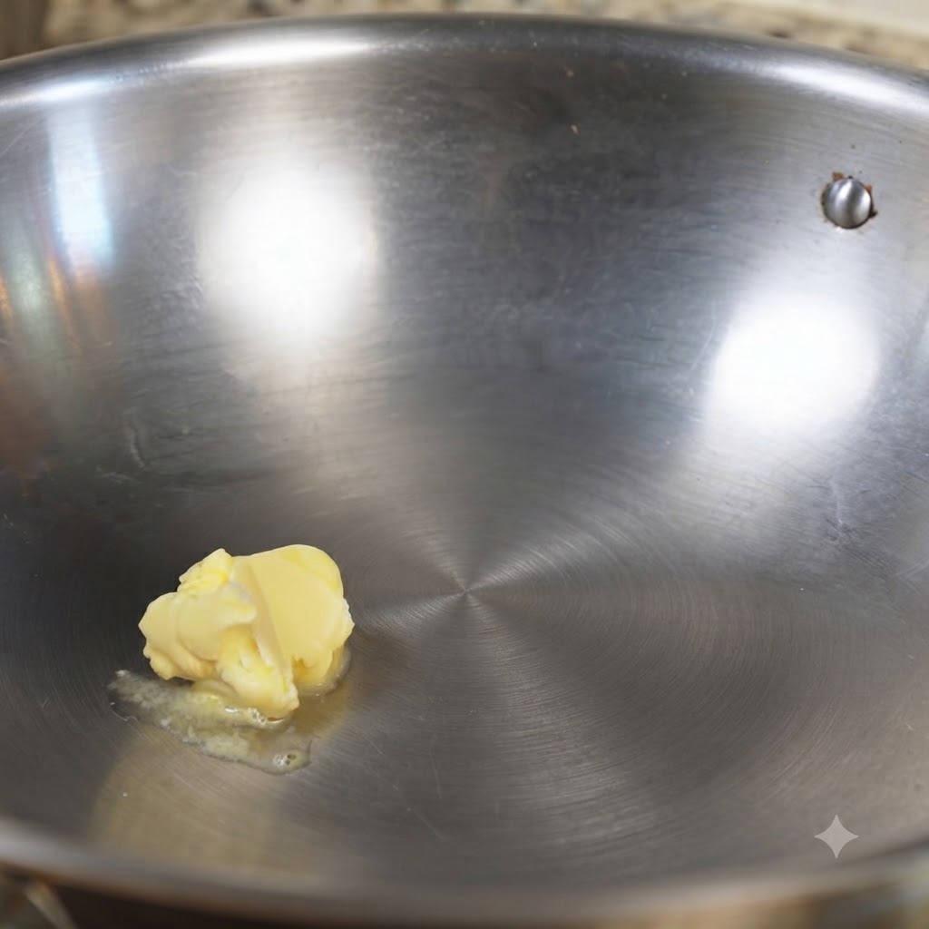 Ein Stück gelbe Butter schmilzt in einem Edelstahl-Wok.