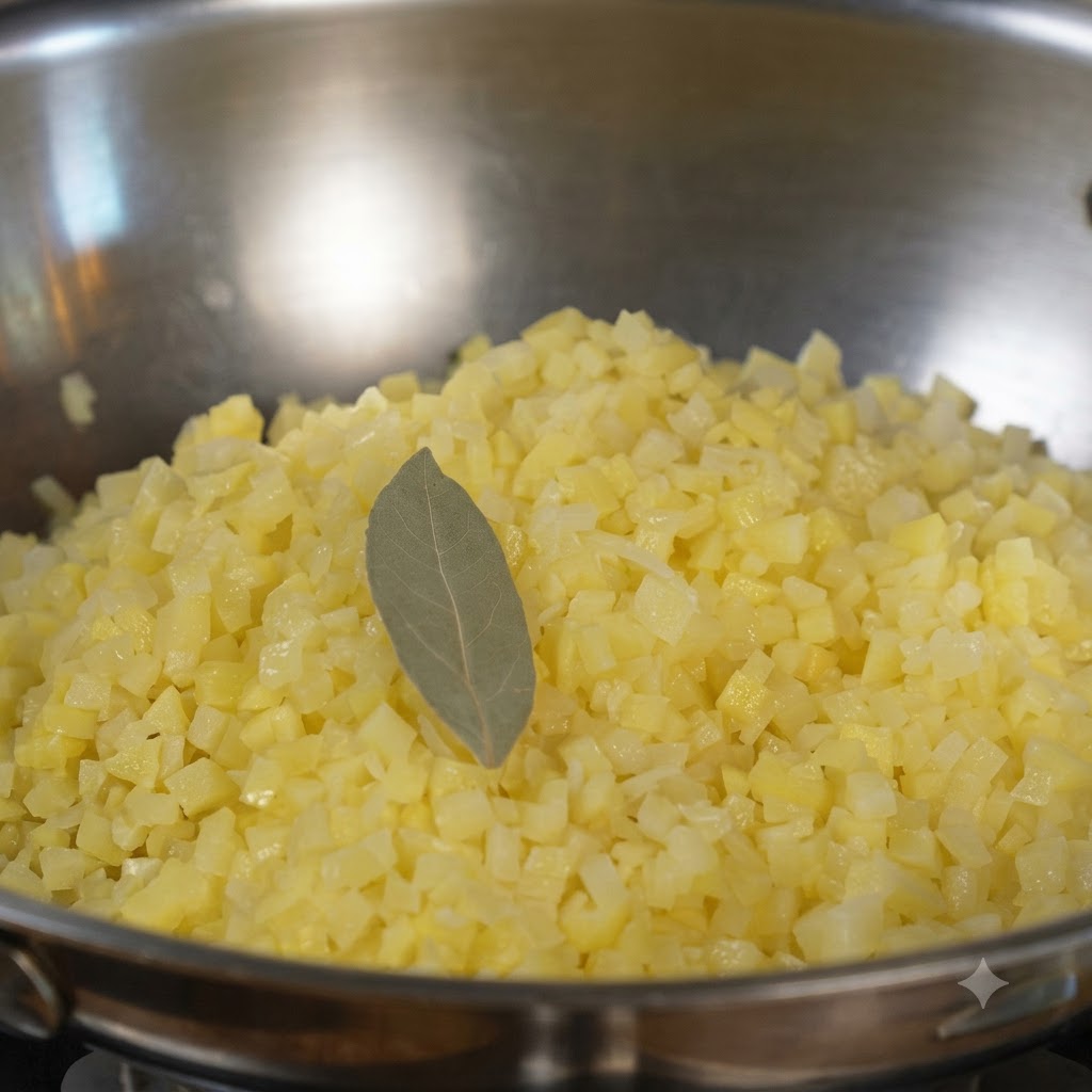 Gewürfelte Kartoffeln werden in einer Pfanne mit einem Lorbeerblatt, schwarzem Pfeffer und Salz angebraten.