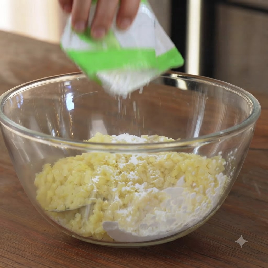 Maisstärke wird in eine Schüssel mit gekochten Kartoffelstücken gegeben.