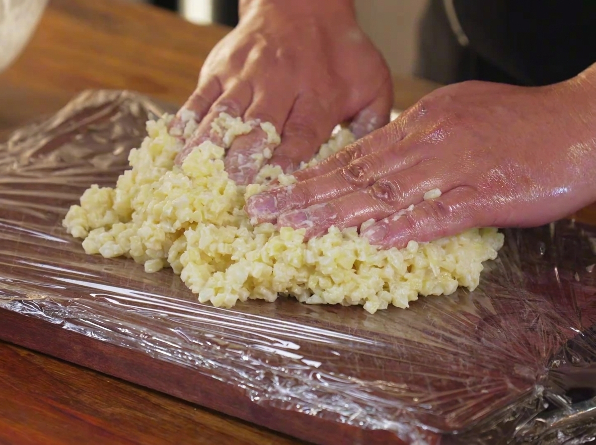 Hände drücken die gewürfelte Kartoffel-Stärke-Mischung auf einem mit Frischhaltefolie ausgelegten Holzschneidebrett flach.