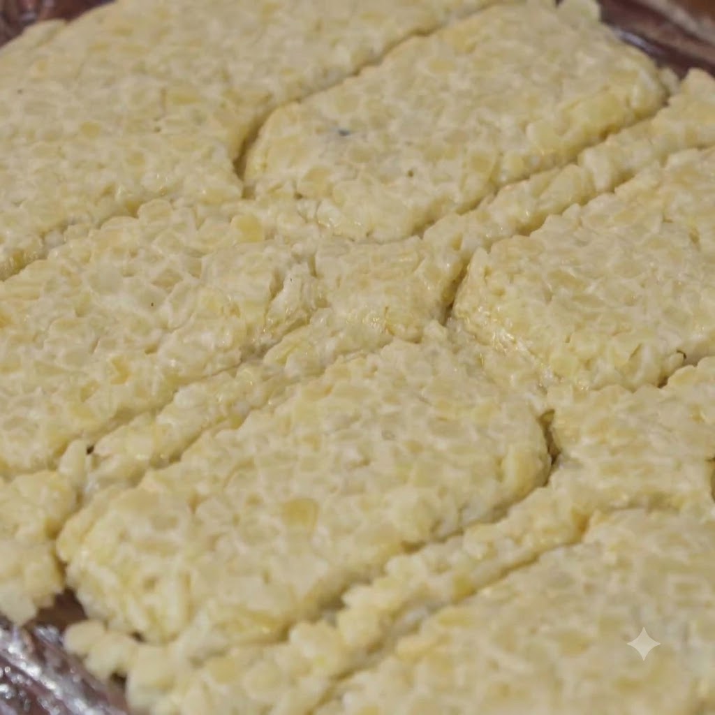 Nahaufnahme mehrerer zugeschnittener, rechteckiger Kartoffelpatties, die vor dem Frittieren auf Frischhaltefolie ausgelegt sind.