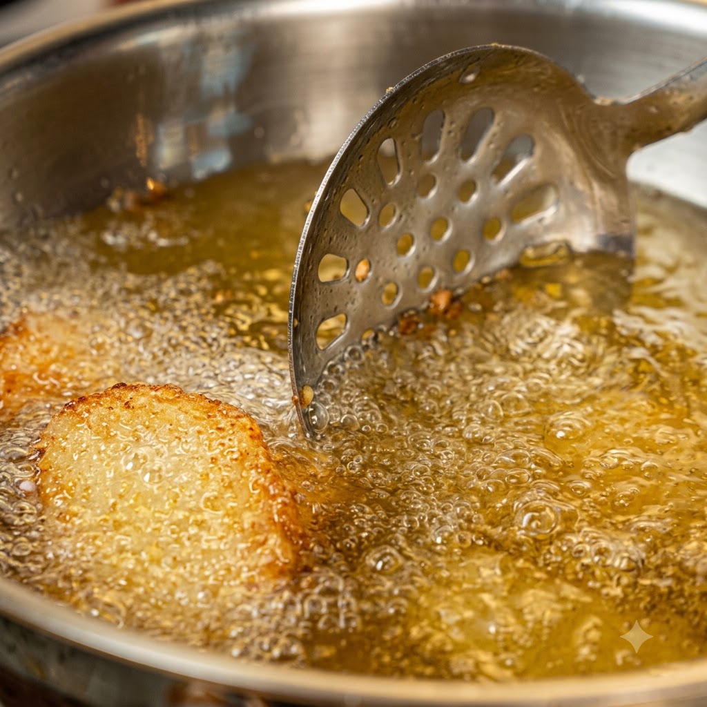 Ein Schaumlöffel hebt ein goldbraun knuspriges Röstipatty aus kochendem Speiseöl in einem Wok.