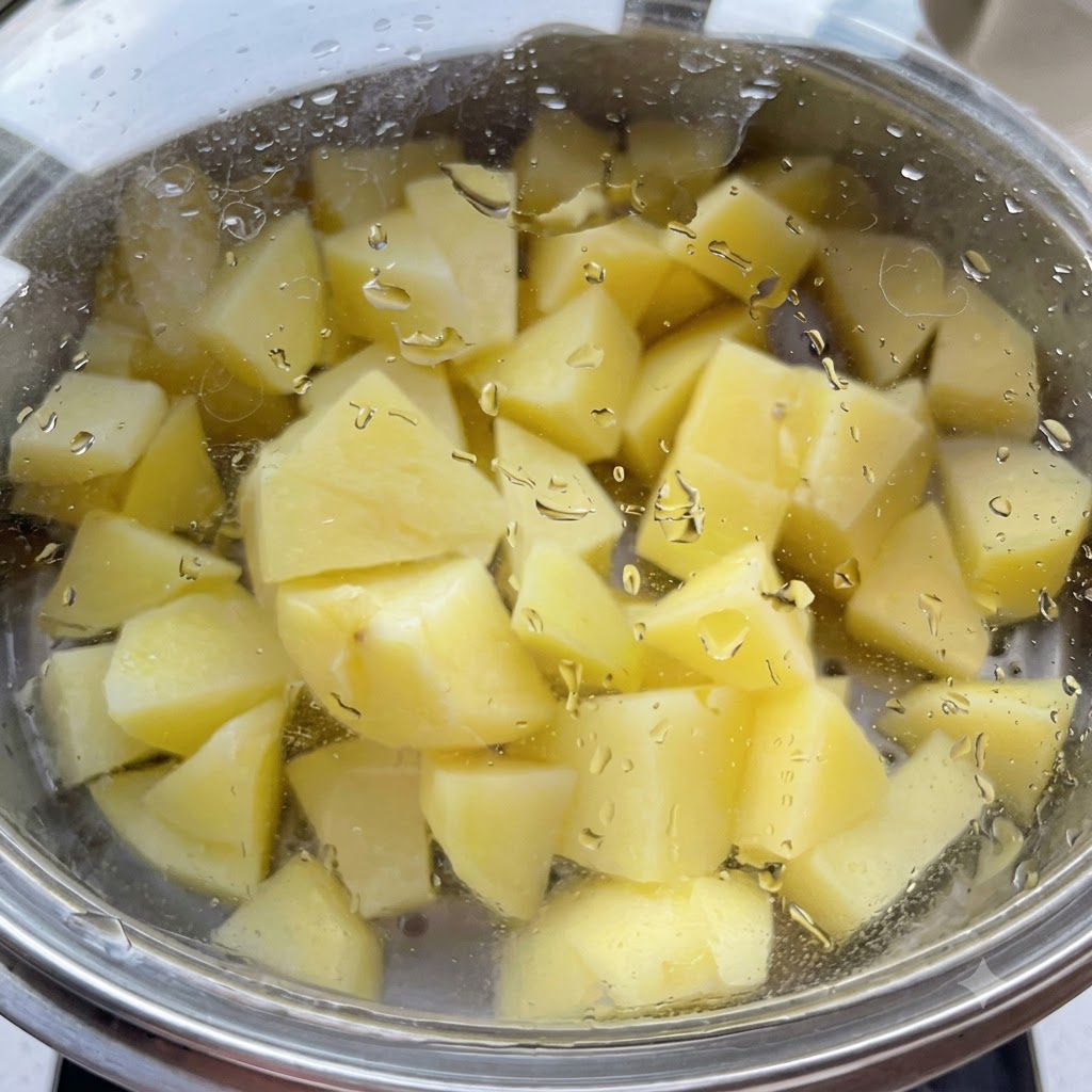 Kartoffelstücke kochen in einem abgedeckten Glastopf mit Dampfkondensation auf dem Deckel.