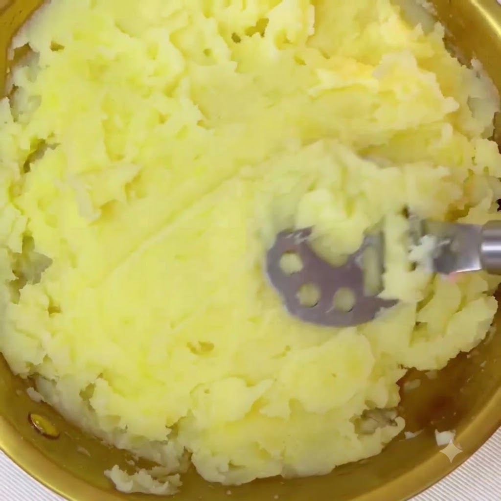 Mashende Kartoffeln werden in einer goldfarbenen Schale mit einem Handstampfer zu einer glatten Konsistenz verarbeitet.