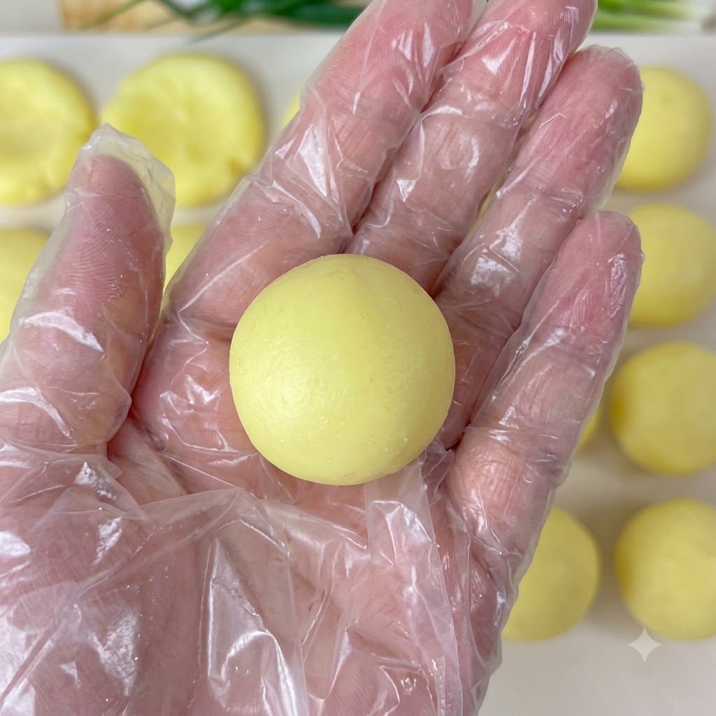 Eine Hand mit Plastikhandschuh hält eine runde Kugel aus Kartoffelpüree.