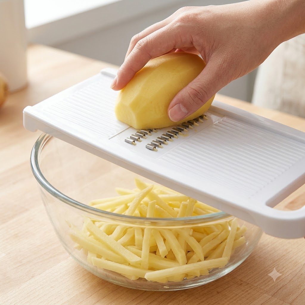 Eine Hand zieht eine geschälte Kartoffel über einen weißen Gemüsehobel, wodurch Kartoffelraspel in eine darunter liegende Glasschüssel fallen.