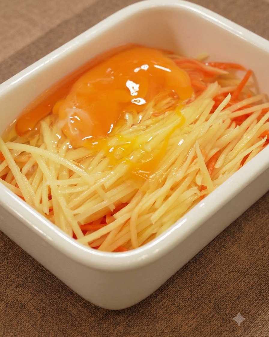 Frische Eier auf geriebenen Kartoffeln und Karotten in einem weißen rechteckigen Behälter.