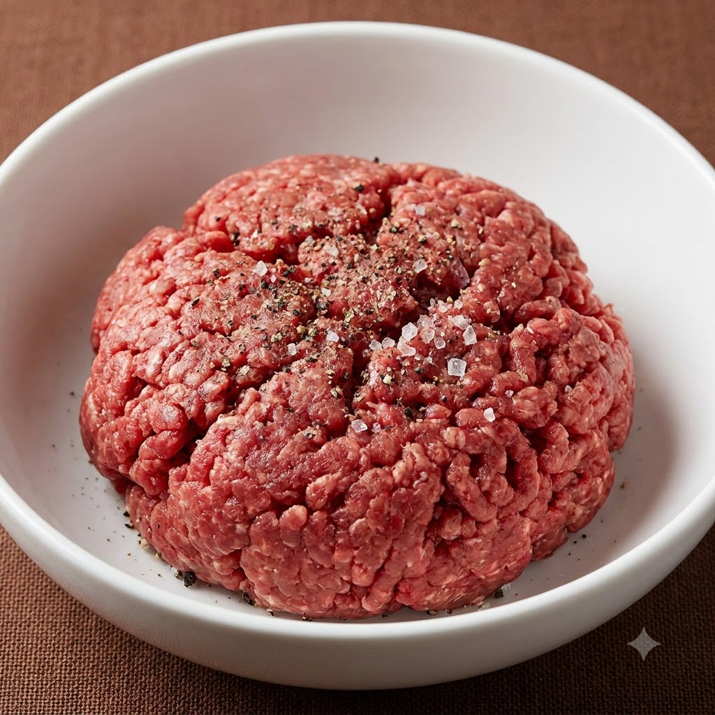 Ein Haufen rohes Hackfleisch in einer weißen Schüssel, bestreut mit schwarzem Pfeffer und Meersalzkristallen.