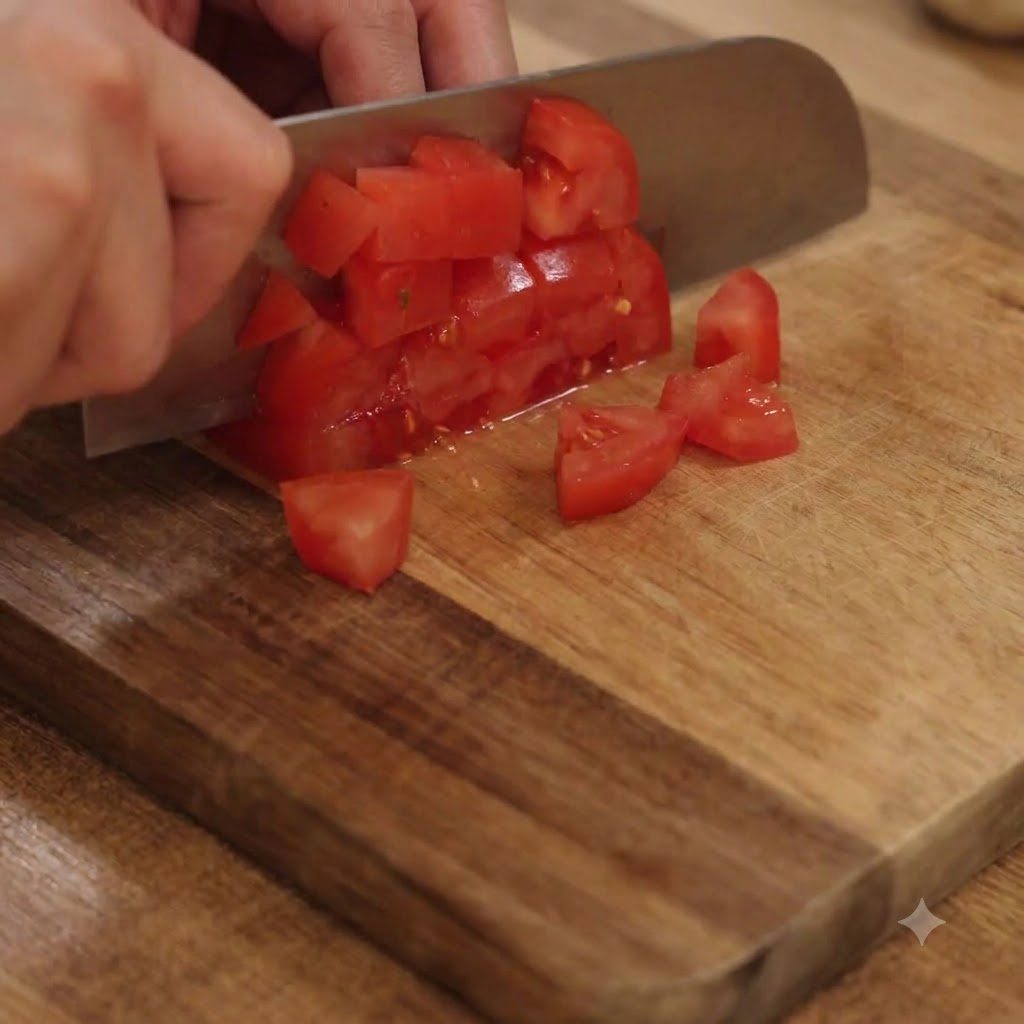 Eine Hand schneidet rote Tomaten mit einem Küchenmesser auf einem Holzschneidebrett in kleine Würfel.