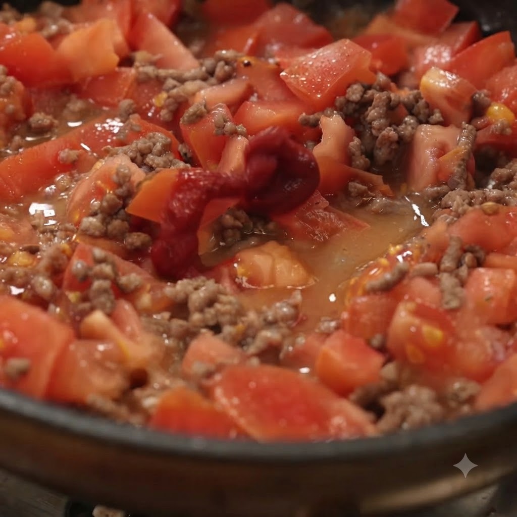 Gehackte Tomaten und Tomatenmark vermischt mit gekochtem Hackfleisch in einer Pfanne.