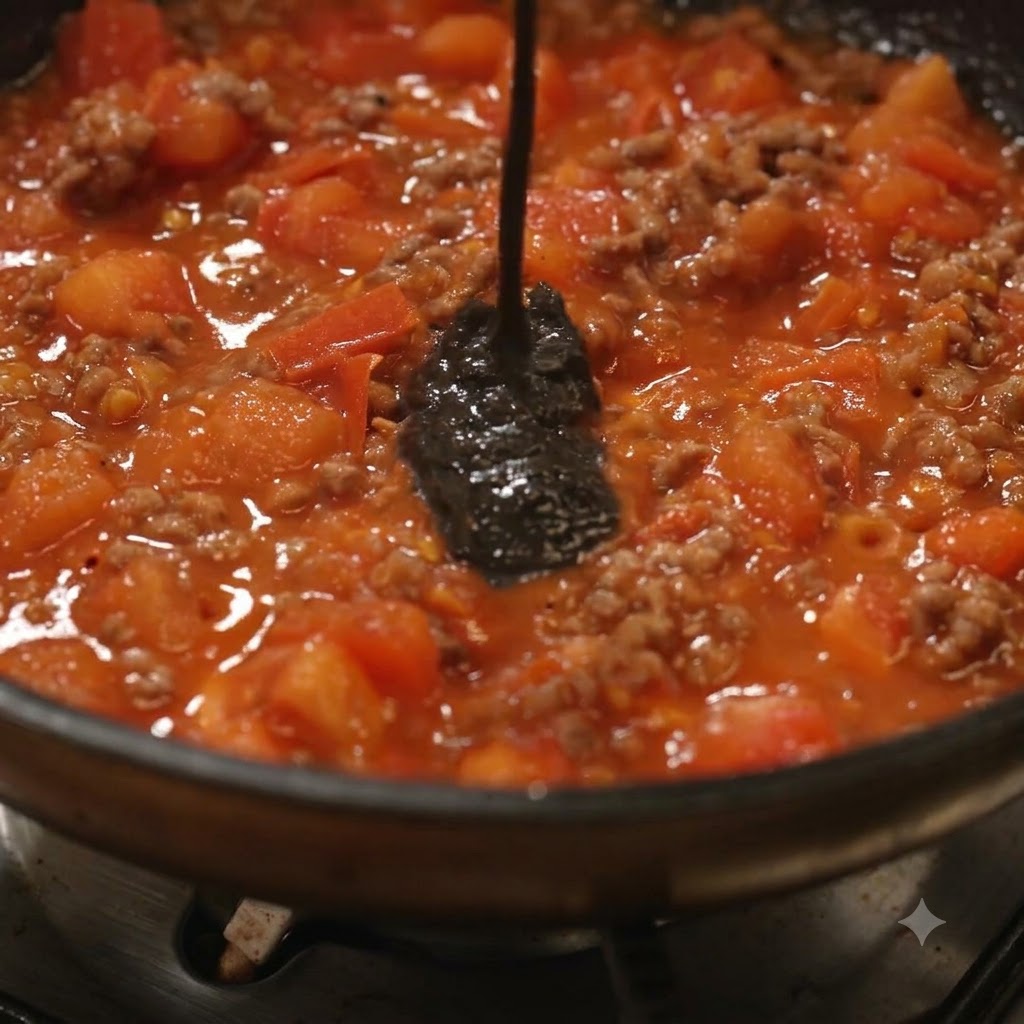 Schwarze Trüffelsauce wird in eine köchelnde Tomaten-Hackfleisch-Soße in einer Pfanne eingerührt.