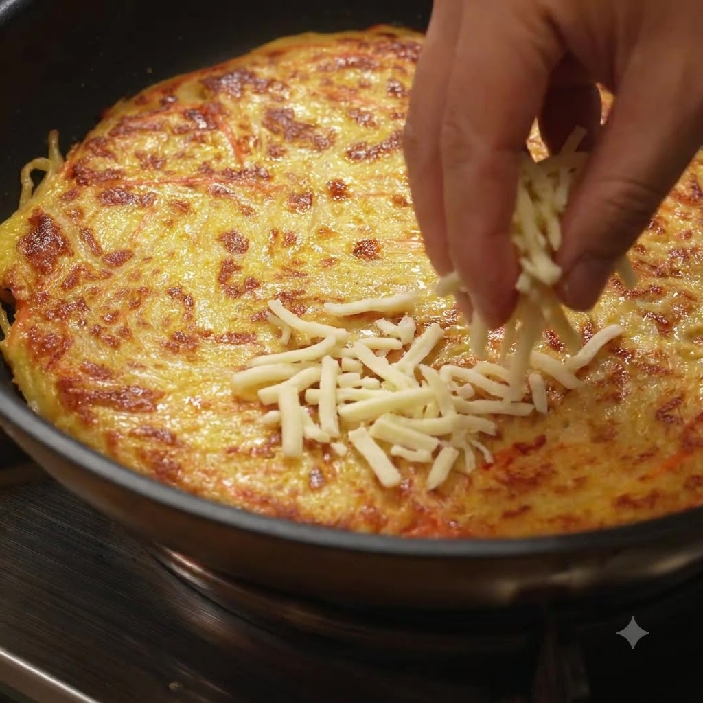 Ein goldbrauner Kartoffelpfannkuchen wird mithilfe eines großen Tellers in einer Pfanne gewendet.