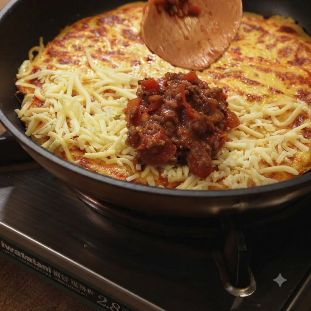 Geriebener Käse und Tomaten-Hackfleisch-Soße werden auf eine Hälfte eines Kartoffelpfannkuchens in der Pfanne gegeben.