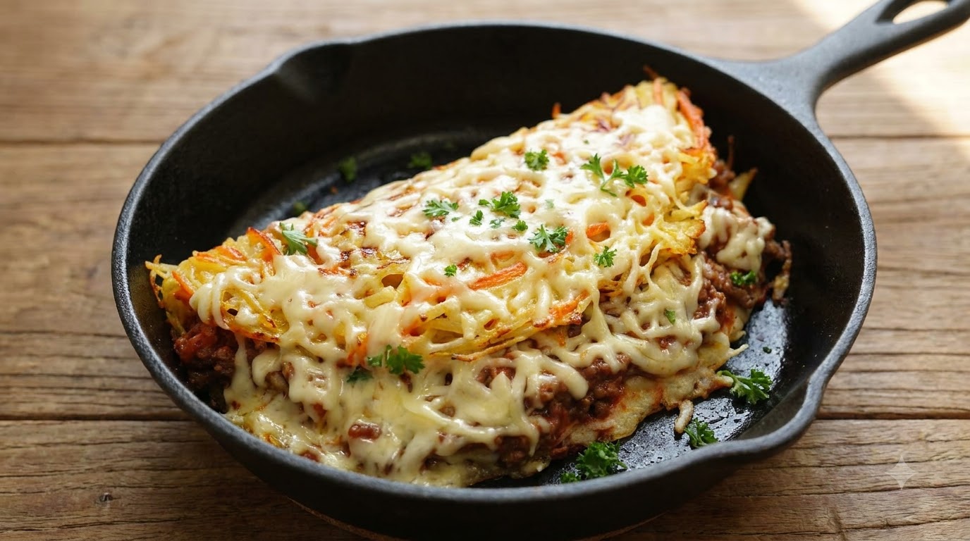 Knuspriger Schwarzer-Trüffel-Hackfleisch-Tomaten-Kartoffelpfannkuchen