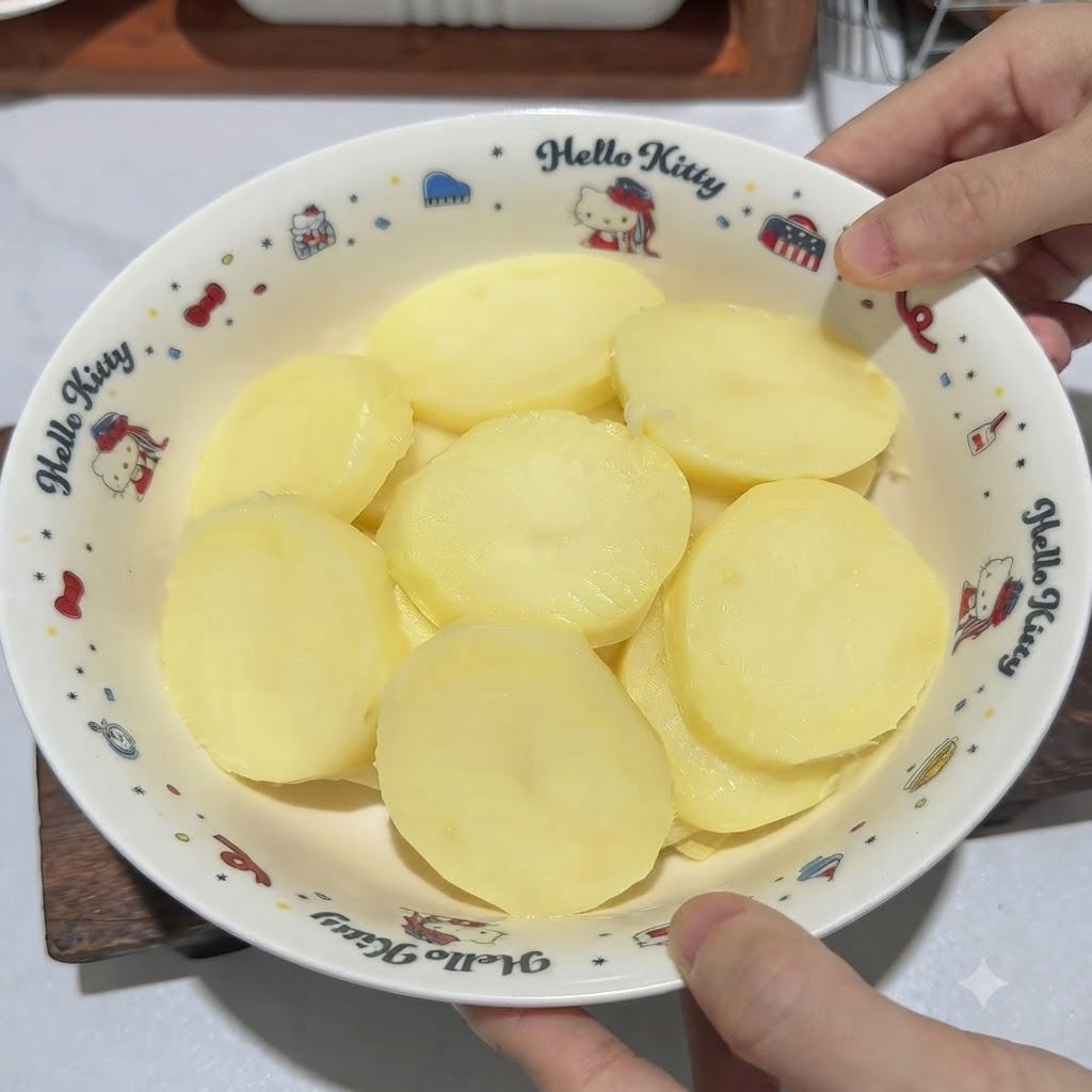 Gedämpfte geschälte Kartoffeln in einer gemusterten weißen Schüssel werden mit einem Kartoffelstampfer aus Metall zu einem Püree gestampft.