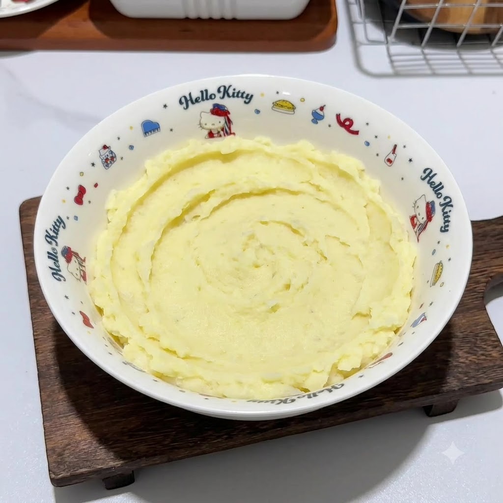 Gehackte rosafarbene Kochschinkenstücke und weiße Speisestärke werden von kleinen weißen Tellern in die Schüssel mit Kartoffelpüree gegeben.