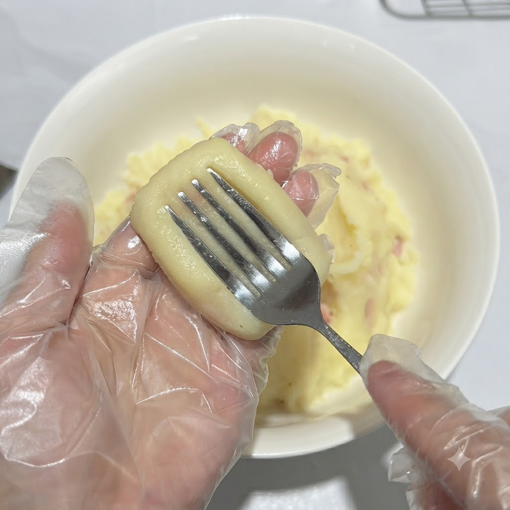 Eine Gabel drückt von oben auf den rechteckigen Kartoffeltaler, um streifenförmige Mustervertiefungen zu erzeugen.