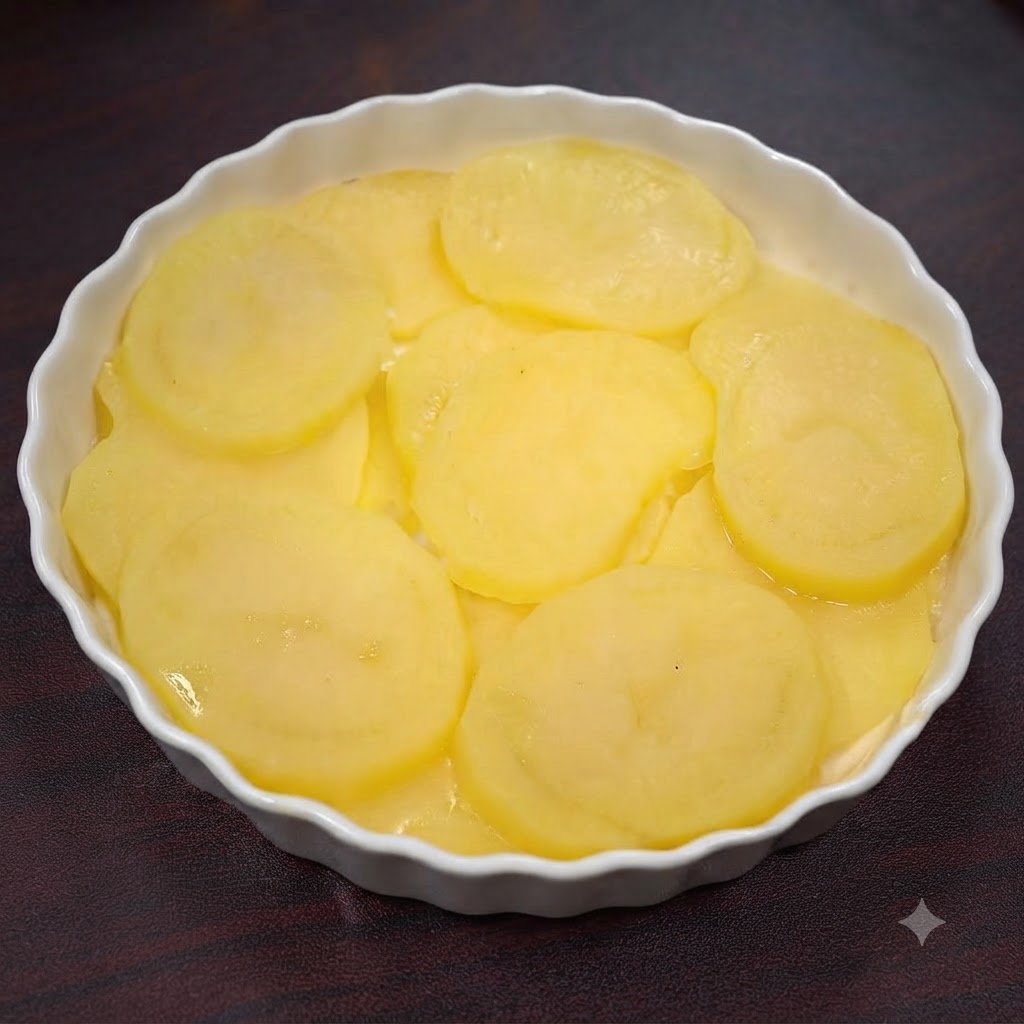 In einer weißen Keramikschüssel glatt zusteppte, gedämpfte Kartoffelscheiben.