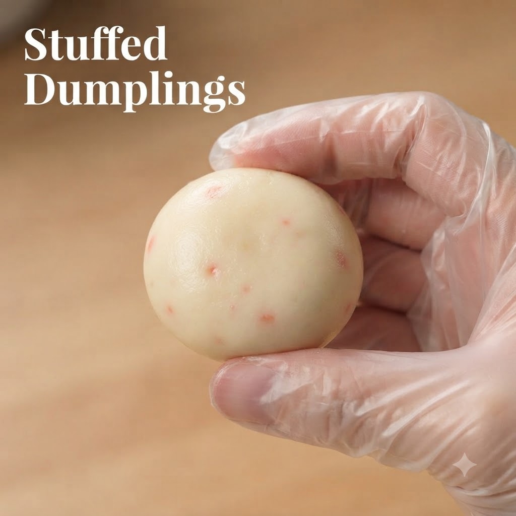 A gloved hand holding a shaped, flattened round potato and ham patty.
