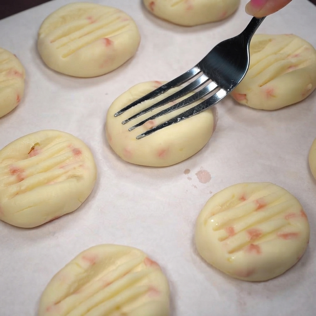 A fork pressing parallel striped lines into the top surface of a raw potato patty on baking paper.