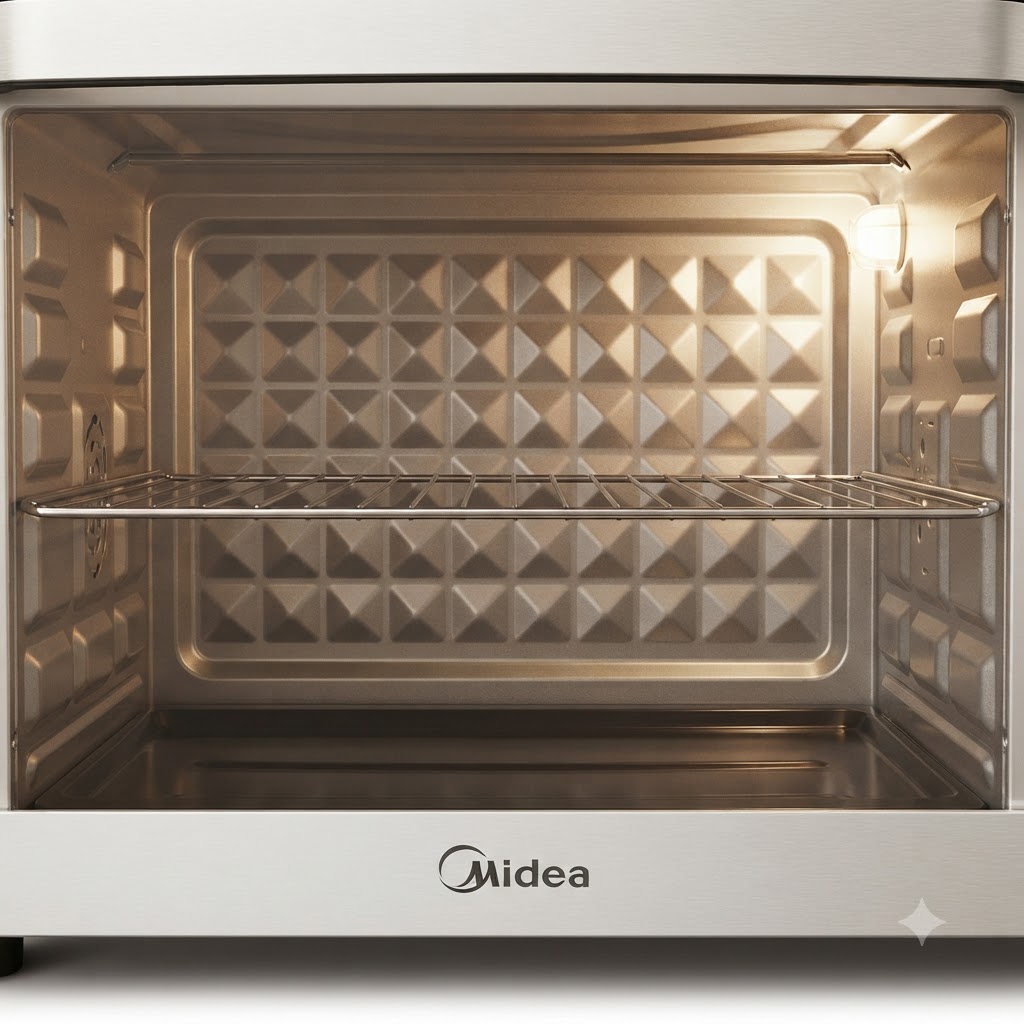 An empty electric oven with interior lighting turned on, showing the wire rack and baking tray placement inside.