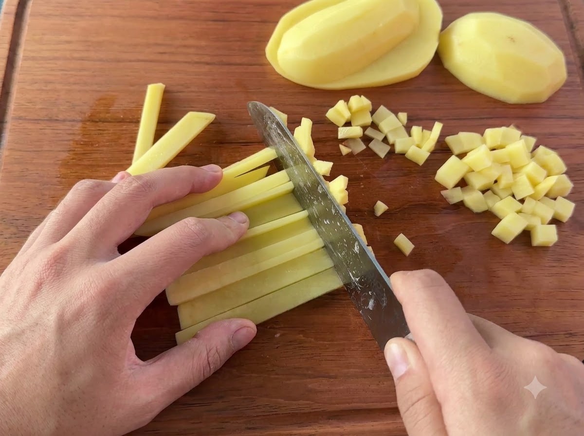 Ein Messer schneidet und würfelt geschälte Kartoffeln in kleine Stücke auf einem Holzschneidebrett.