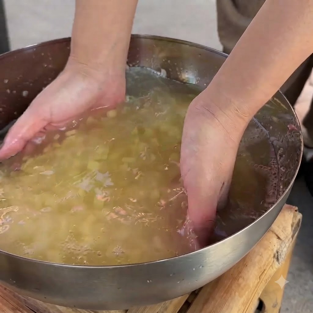 Hände waschen kleine Kartoffelwürfel in einer großen Metallschüssel voller Wasser.