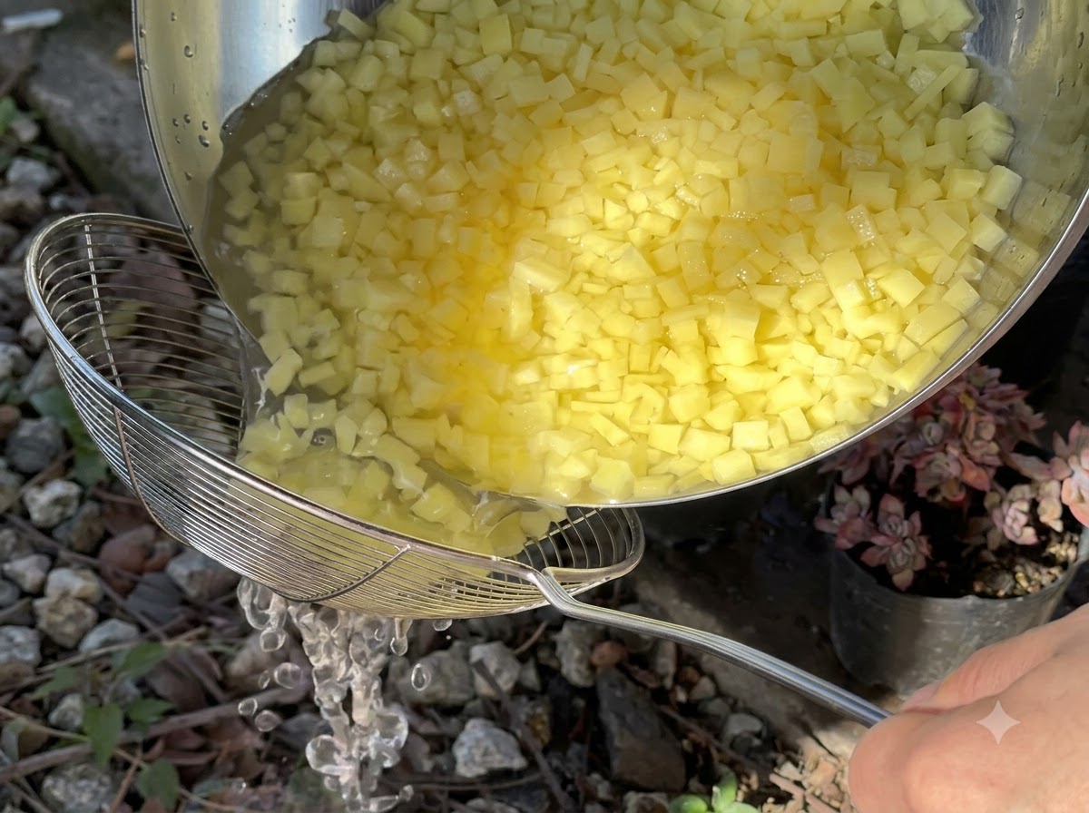 Nasse Kartoffelwürfel werden aus einer Metallschüssel in ein Maschensieb geschüttet.