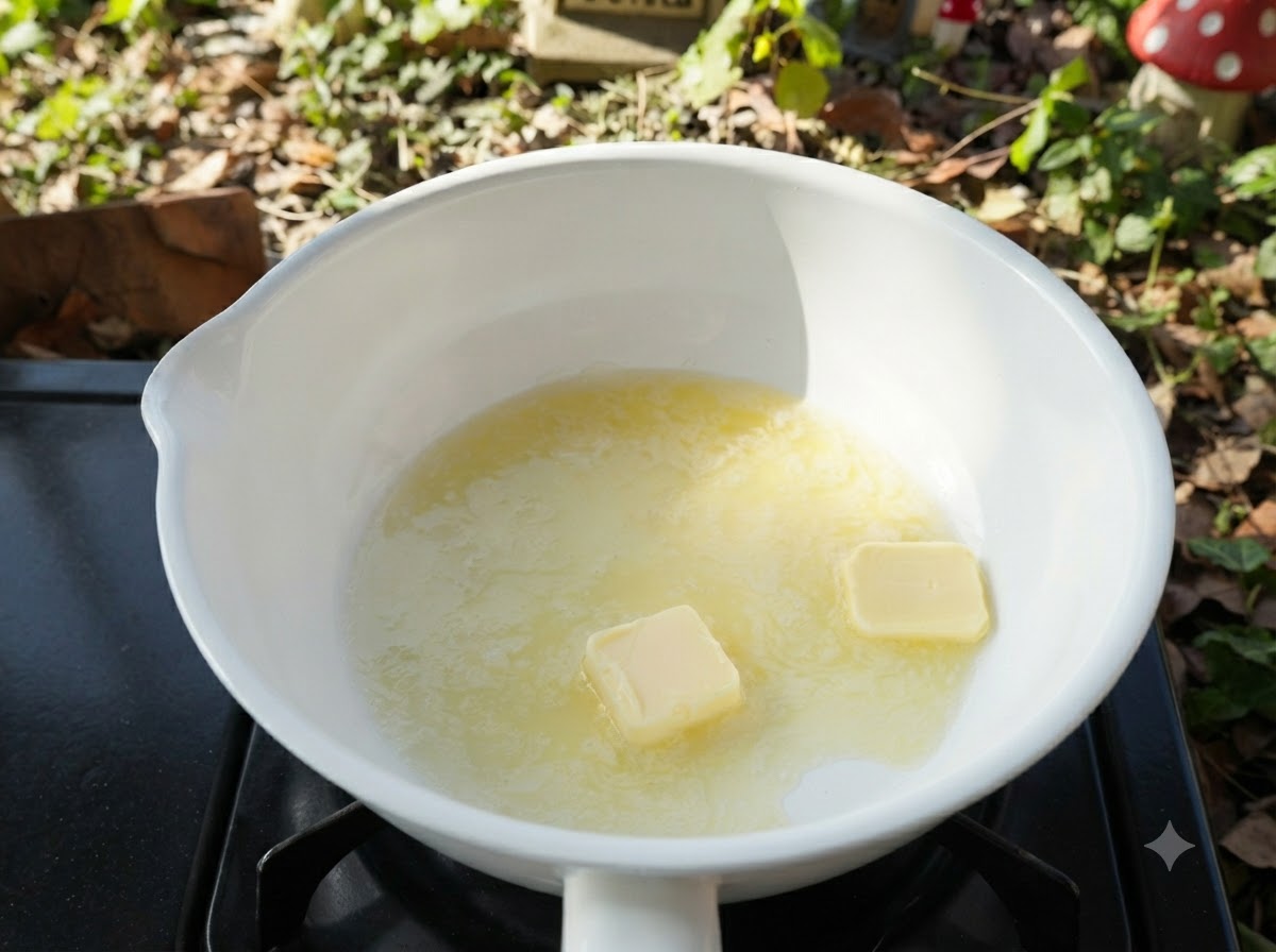 Gelbe Butter schmilzt in einer weißen Bratpfanne auf einem Herd.