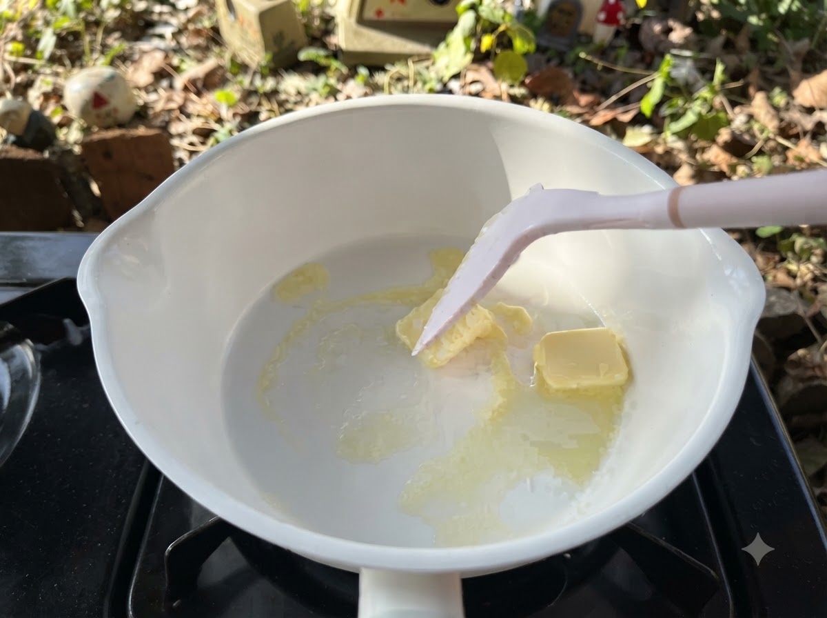 Ein weißer Pfannenwender bewegt Butter in einer weißen Pfanne hin und her.
