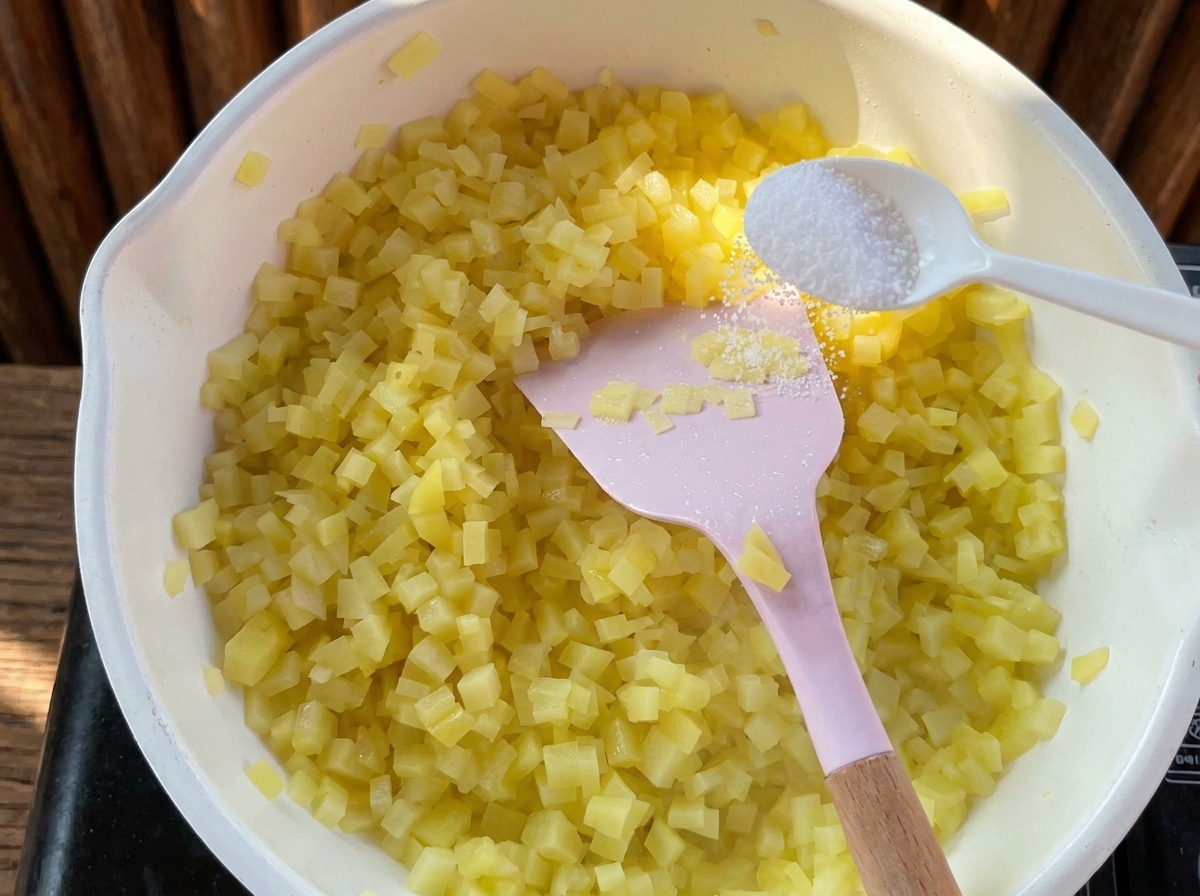 Salz wird mit einem weißen Löffel auf gelbe Kartoffelwürfel in einer weißen Pfanne gestreut, während ein rosa Pfannenwender bereitsteht.