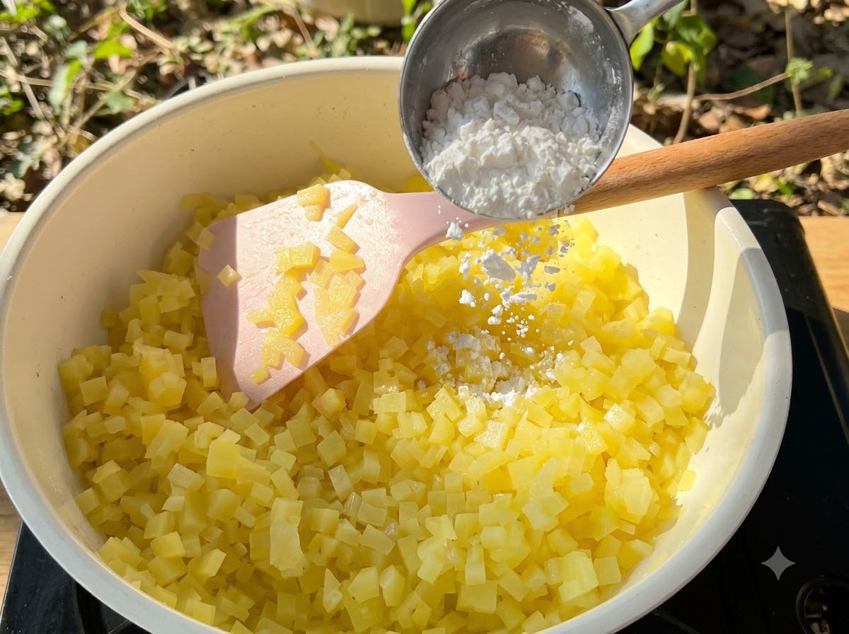 Maisstärke wird aus einem Messlöffel in eine Pfanne mit gewürfelten Kartoffeln gegeben, die mit einem rosa Pfannenwender vermischt werden.