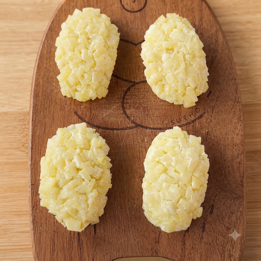 Holzessstäbchen tauchen in heißes Öl, wobei sich kleine Bläschen um sie herum bilden.