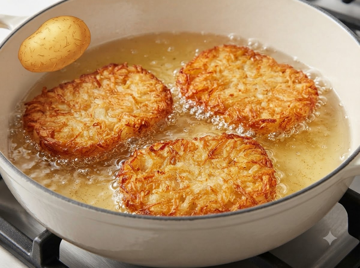Goldbraune Hash-Brown-Taler werden mit einer roten Küchenzange aus dem heißen Öl gehoben.