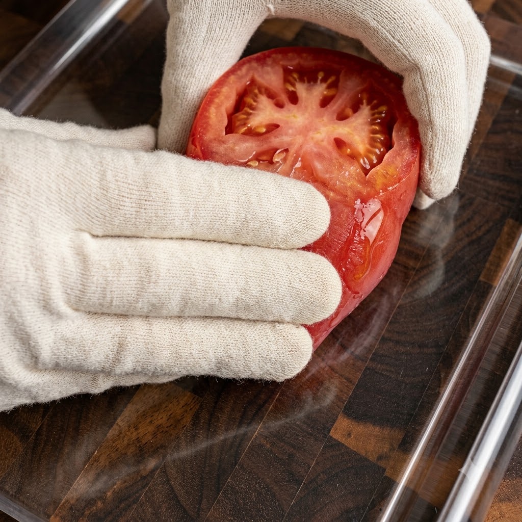 Eine be Handschuh bedeckte Hand hält eine halbiertes Tomaten- oder Paprikapräparat über eine klare Glasauflaufform.