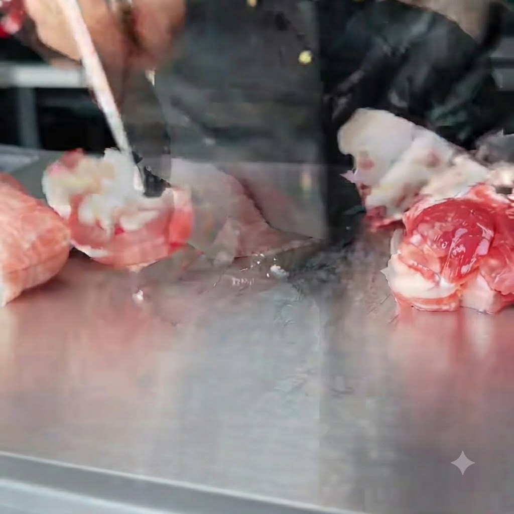 Rohes Schweinebauchfleisch wird mit zwei Beilen auf einer Edelstahloberfläche fein zerkleinert.
