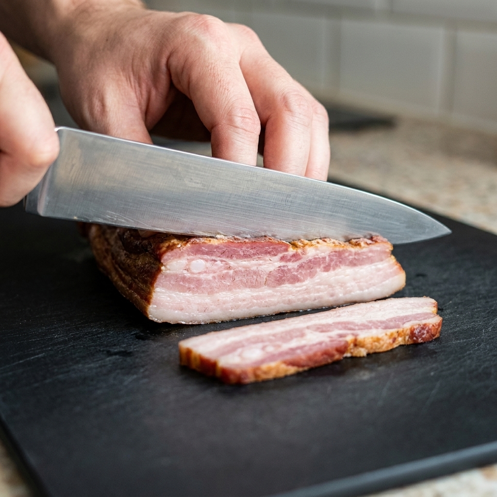 Ein Kochmesser schneidet ein Stück gepökeltes Schweinefleisch oder eine Zwiebel auf einem schwarzen Schneidebrett.