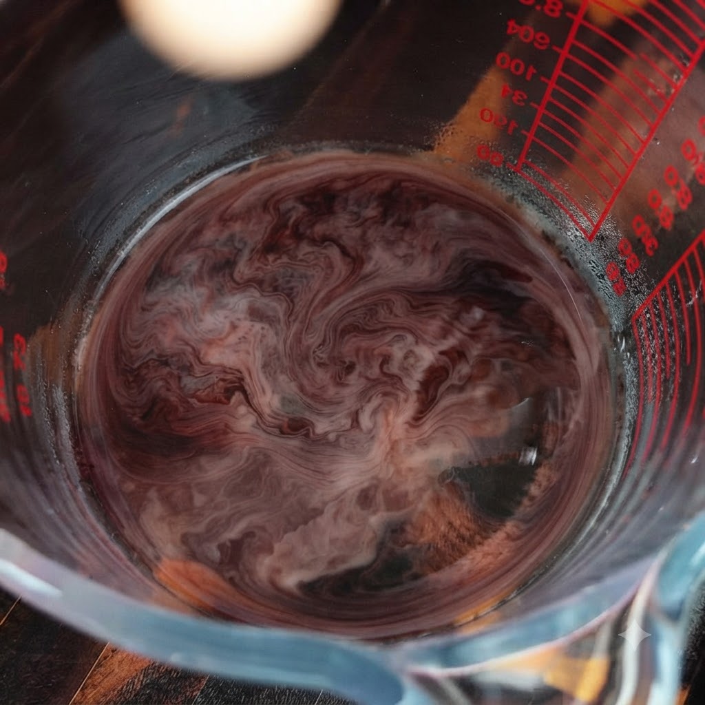 Ein Messbecher aus Glas mit einer wirbelnden Mischung aus dunkler Flüssigkeit und cremigen Elementen.