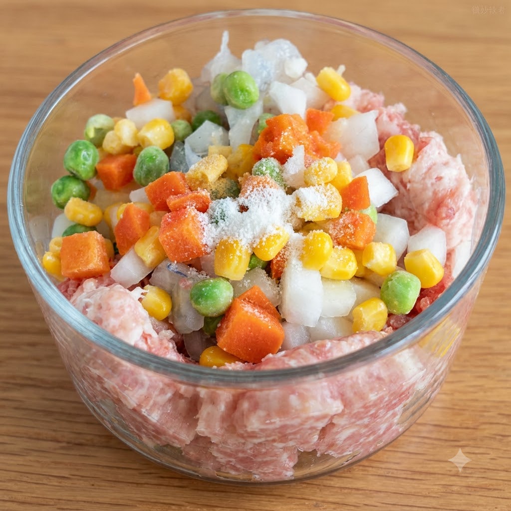 Nahaufnahme einer Glasschüssel gefüllt mit Hackfleisch, gewürfelten Karotten, Erbsen, Mais und Zwiebeln, mit darüber gestreuten Gewürzen und Speisestärke.