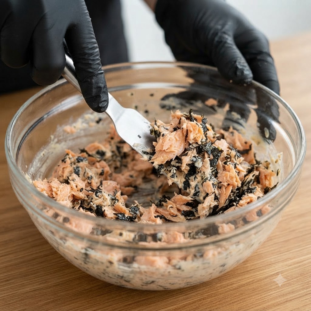 Ein Paar handschuhbedeckte Hände verwenden einen Spatel, um Lachs- und Algenzutaten in einer Rührschüssel aus Glas zu mischen.