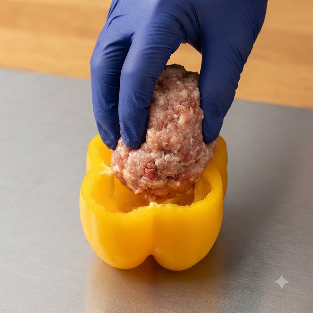 Eine Hand mit blauem Handschuh platziert einen Teil der gewürzten Hackfleischmasse in eine ausgehöhlte gelbe Paprikaschale.