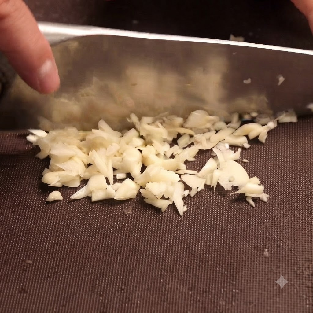 Fein gehackte Zwiebeln und Knoblauch brutzeln in einer heißen Pfanne und werden mit einem Spatel umgerührt.