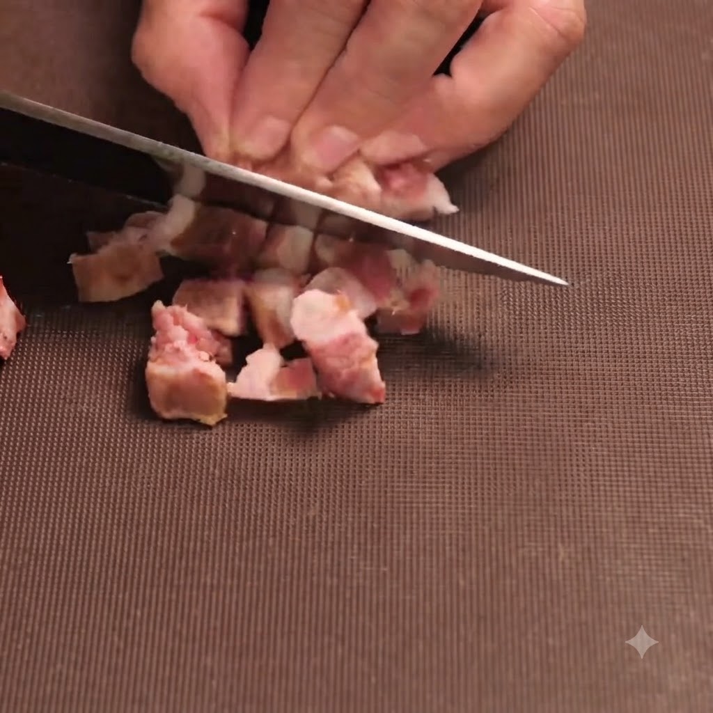 Klein gewürfelte Wurststücke werden in einer Pfanne unter die sautierten Aromen gemischt.