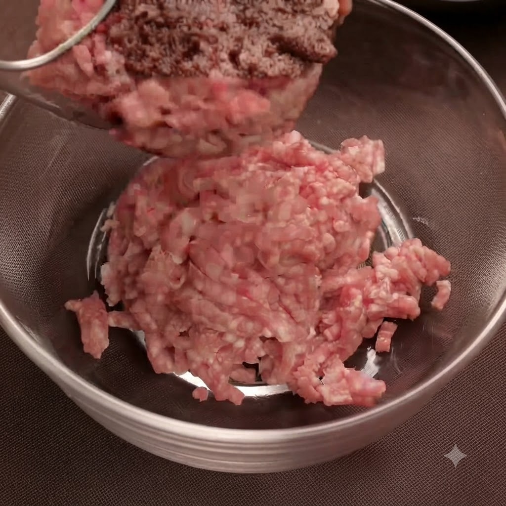 Schweine- und Rinderhackfleisch in einer Glasschüssel kombiniert.